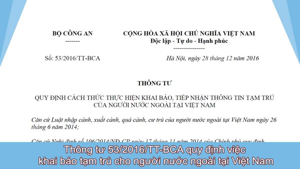 thông tư 53/2016/TT-BCA về khai báo tạm trú cho người nước ngoài